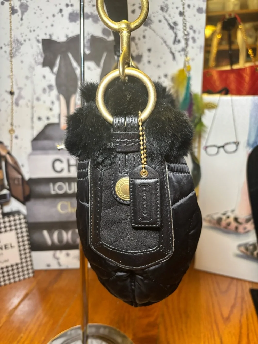 Coach 3586 Black Quilted Satin Rabbit Fur Trim Hobo Bag EUC Y2K Rare